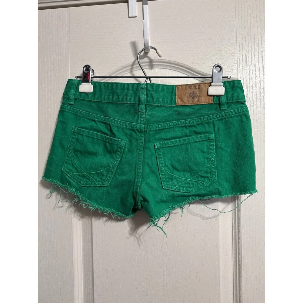 PINK Victoria's Secret Green Denim Y2K Cutoff Mini Shorts Raw Hem Preppy Summer